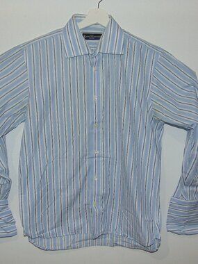 Savoy Taylors Guild Shirt Men 41/16 Blue White Stripe Dress French Cuff Classic